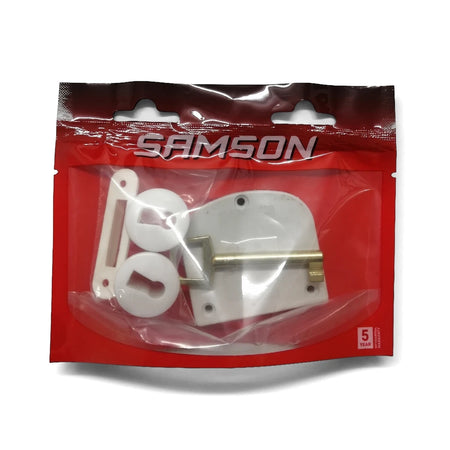 White plastic Samson cupboard lock set with a gold metal pin, packaged in a clear and red plastic bag showing a 5-year