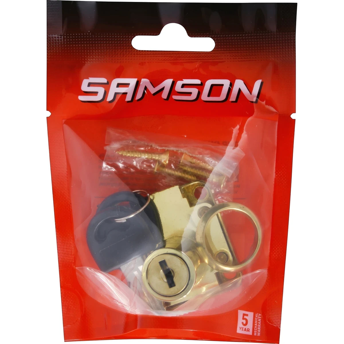 Samson Lock Drawer Zinc 40mm Bp set in a clear plastic pouch with red branding, showing brass lock components and black keys.
