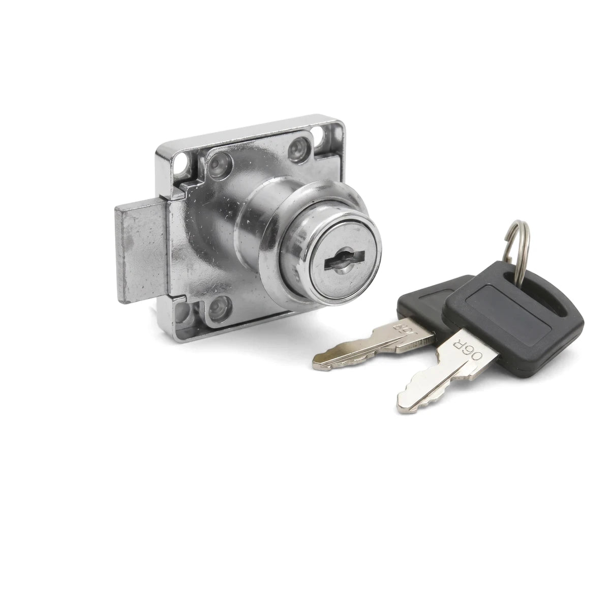 A close-up of a chrome-finished Samson 40mm zinc drawer lock, featuring its keyhole and two accompanying silver and black