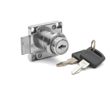 A close-up of a chrome-finished Samson 40mm zinc drawer lock, featuring its keyhole and two accompanying silver and black