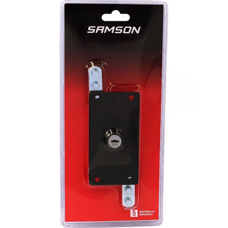Black Samson Lock Garage Rollup Shut R06 in clear blister packaging with red backing card, showing 5-year warranty.