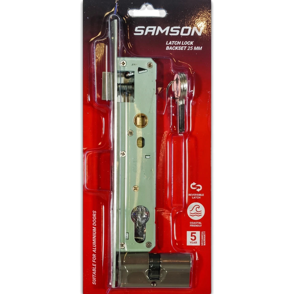Samson Lock Latch 25mm C/W 65mm Cyl Locks & Latches in red and black retail packaging, suitable for aluminium doors.