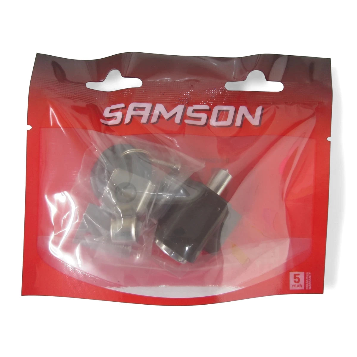 Samson Lock Patio Door N/Latch Brz Locks & Latches in red retail packaging, displaying two metal lock components and a