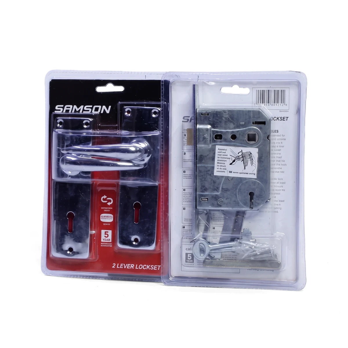 Samson Lset 2L Sabs Cp Lockset, chrome finished 2-lever door handle and lock mechanism in clear blister packaging, displayed