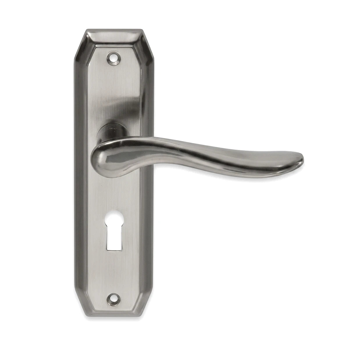 Samson Lset 3L Sabs 8 inch Anna satin nickel/chrome lockset, a polished silver door handle with a backplate and keyhole.