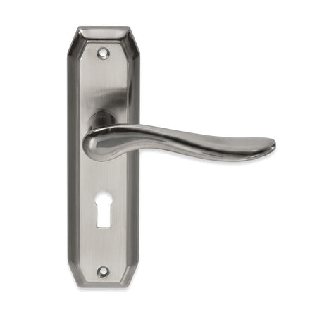 Samson Lset 3L Sabs 8 inch Anna satin nickel/chrome lockset, a polished silver door handle with a backplate and keyhole.