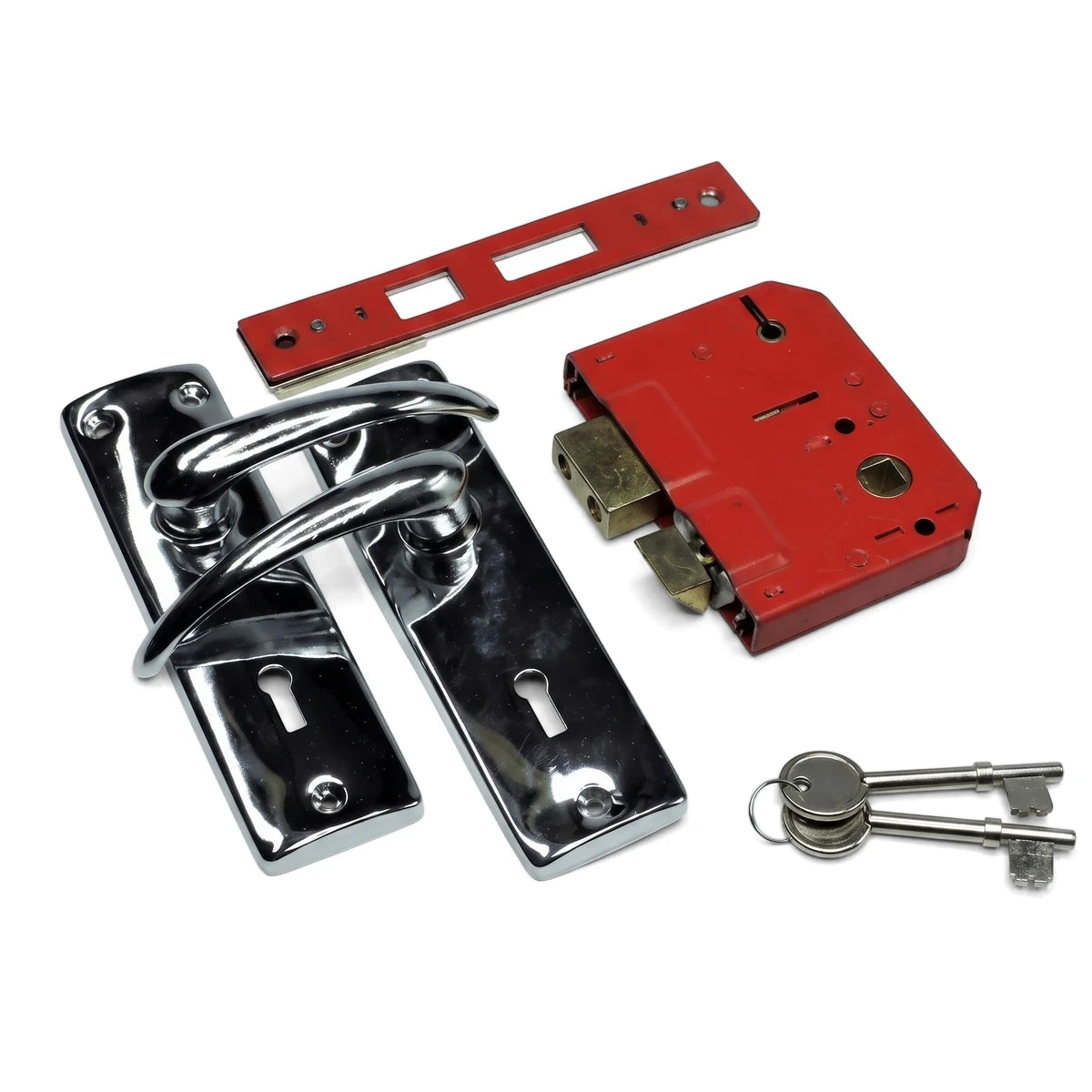 Samson Lset 3L Sabs 8 inch Luca Sn/Bp Lockset with chrome door handles, a red lock mechanism, and two keys.