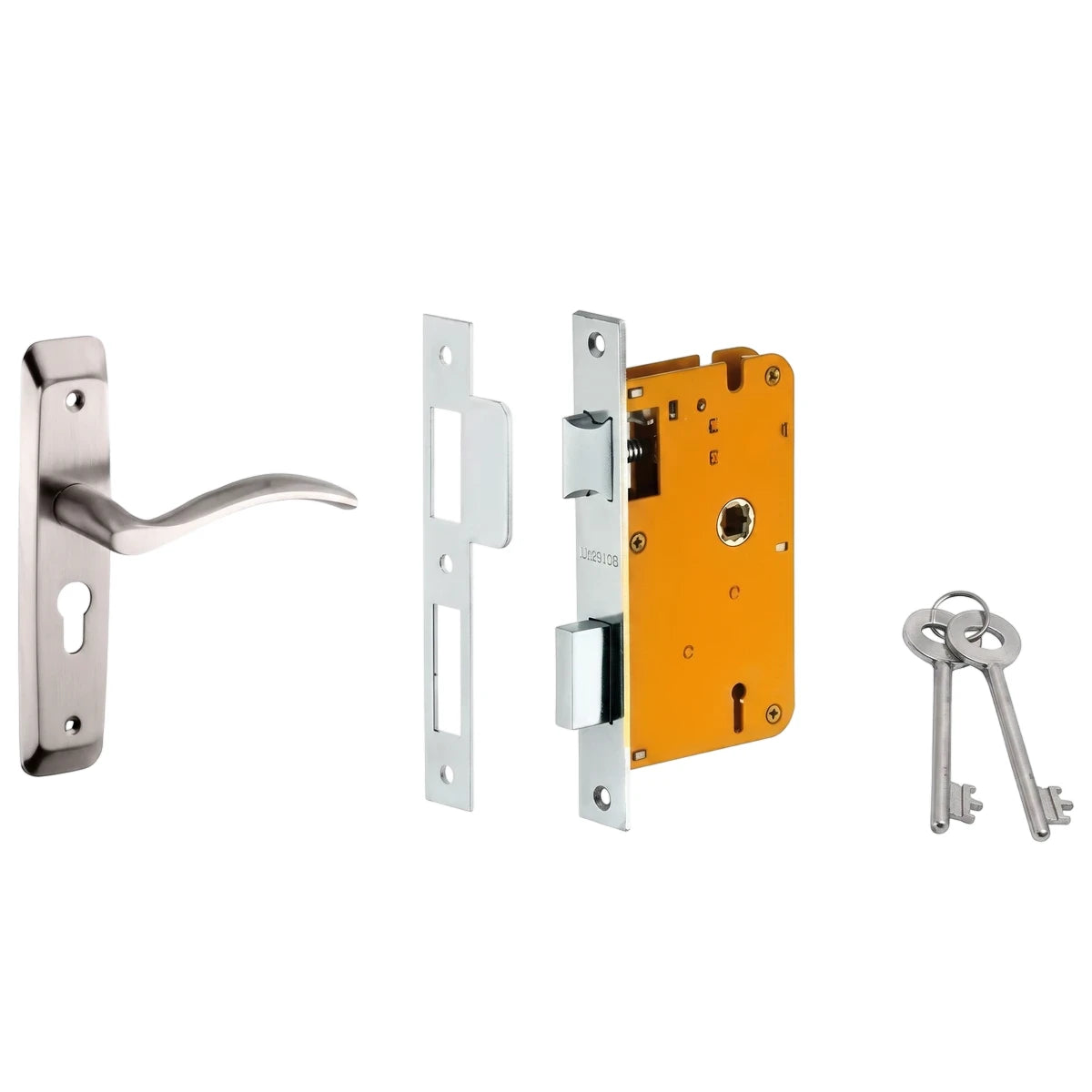 Samson Lset 3L Sabs 8 inch Serena lockset with polished silver door handle, mortise lock, and two matching silver keys.