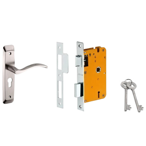 Samson Lset 3L Sabs 8 inch Serena lockset with polished silver door handle, mortise lock, and two matching silver keys.