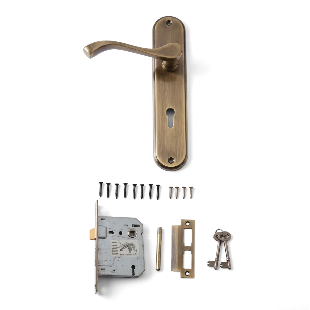 Samson Lset 3L Sabs 8 Nicole A/Br Lockset with antique brass handle, keyhole plate, internal mechanism, screws, and keys.