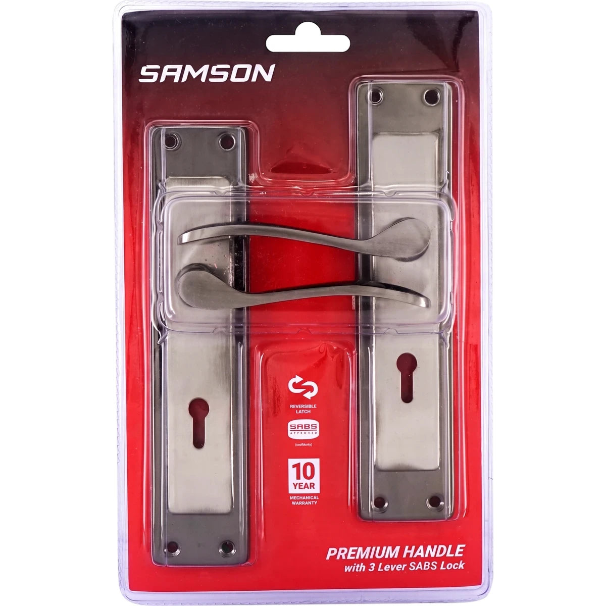 Samson Lset 3L Sabs 8-inch lockset with premium satin nickel/black handle and 3-lever SABS lock, presented in clear blister