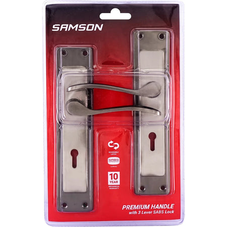 Samson Lset 3L Sabs 8-inch lockset with premium satin nickel/black handle and 3-lever SABS lock, presented in clear blister