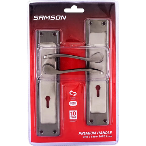 Samson Lset 3L Sabs 8-inch lockset with premium satin nickel/black handle and 3-lever SABS lock, presented in clear blister