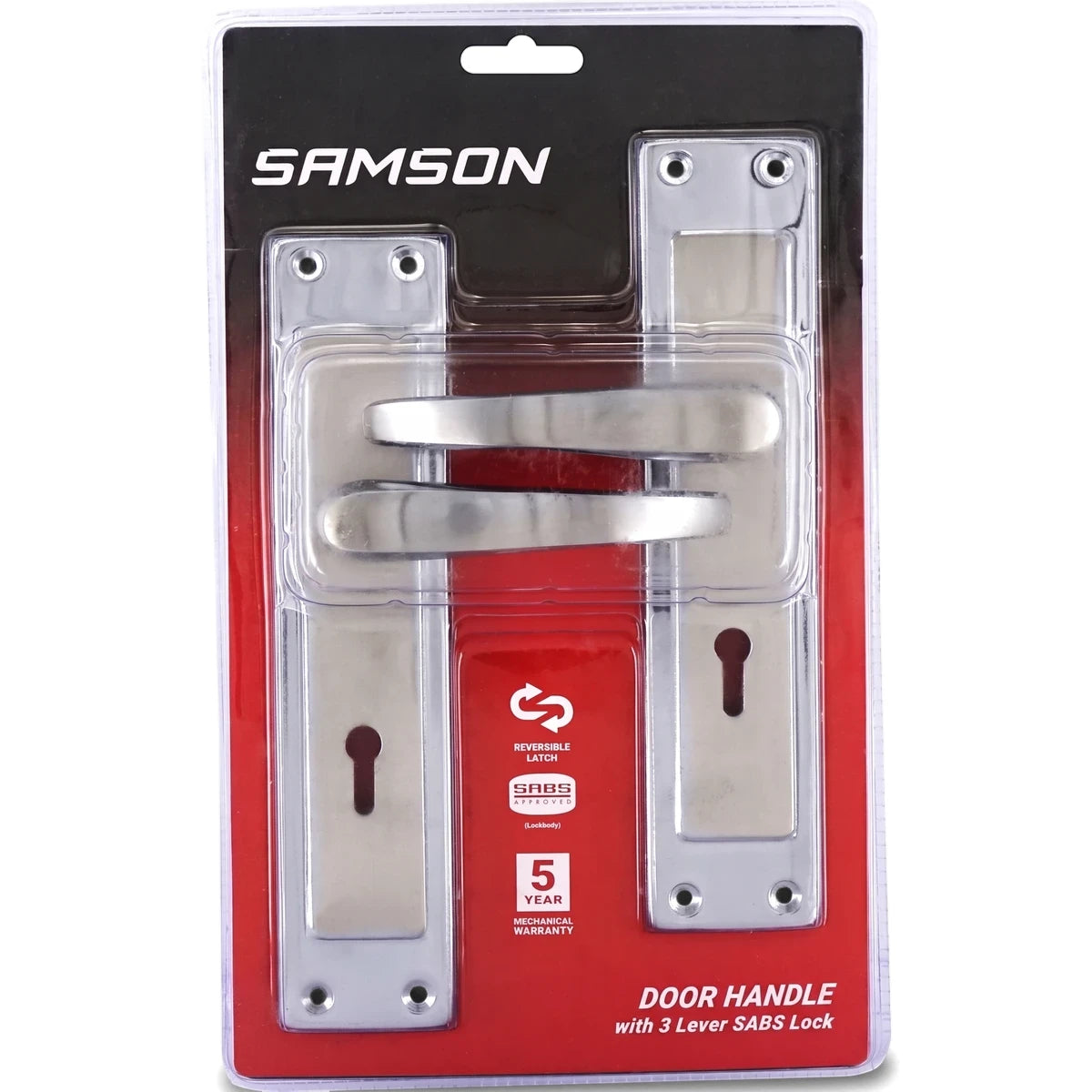 Samson Lset 3L Sabs 8 inch Luca satin chrome/polished chrome lockset, a door handle with 3 lever SABS lock, in blister
