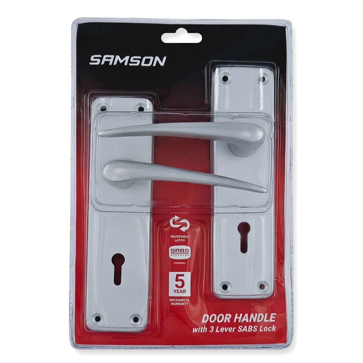 Samson Lset 3L Sabs Almn 6" Han2293 silver door handle set with 3-lever SABS lock, packaged in clear blister on a red and