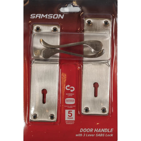 Samson Lset 3L SABS BP Lockset, a brushed metal door handle with a 3-lever SABS approved lock, presented in its red and