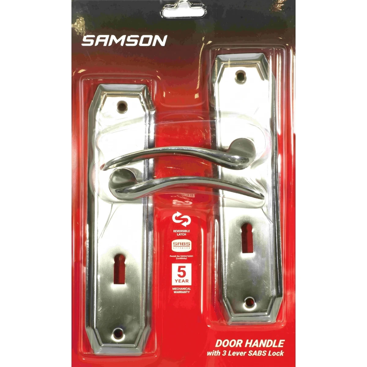 Samson Lset 3L Sabs 8 inch Camilla Sn/Blk Lockset, a chrome door handle set in red and black retail packaging.