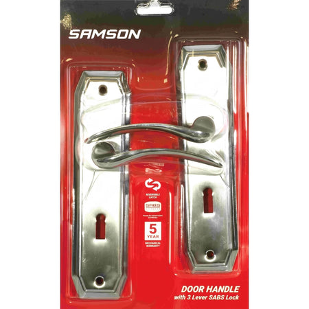 Samson Lset 3L Sabs 8 inch Camilla Sn/Blk Lockset, a chrome door handle set in red and black retail packaging.