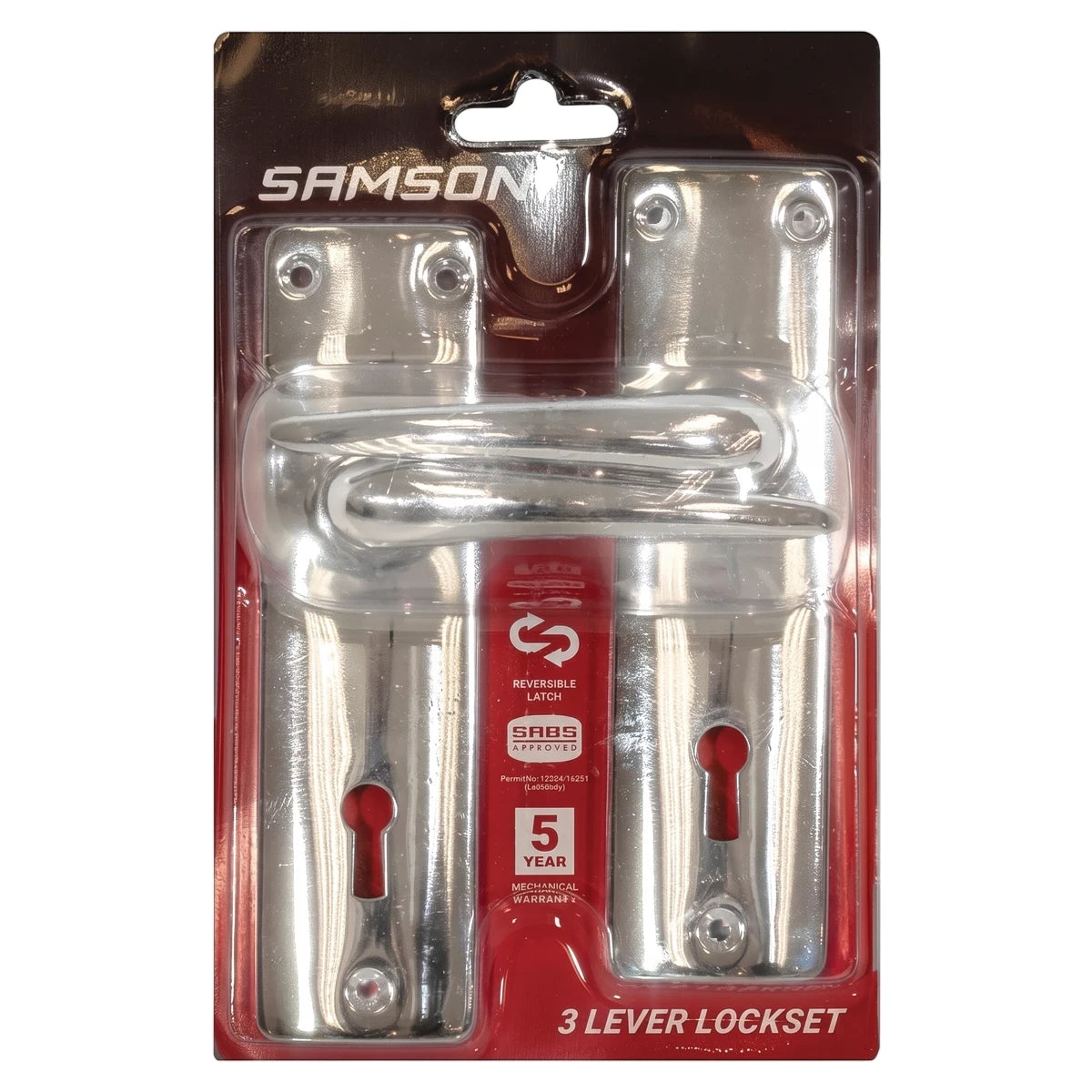 Samson Lset 3L Sabs Cp Lockset with a chrome finish door handle and escutcheon plates, packaged in a clear blister pack on a