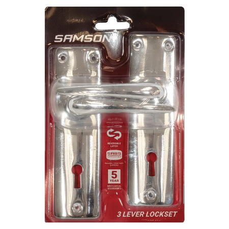 Samson Lset 3L Sabs Cp Lockset with a chrome finish door handle and escutcheon plates, packaged in a clear blister pack on a