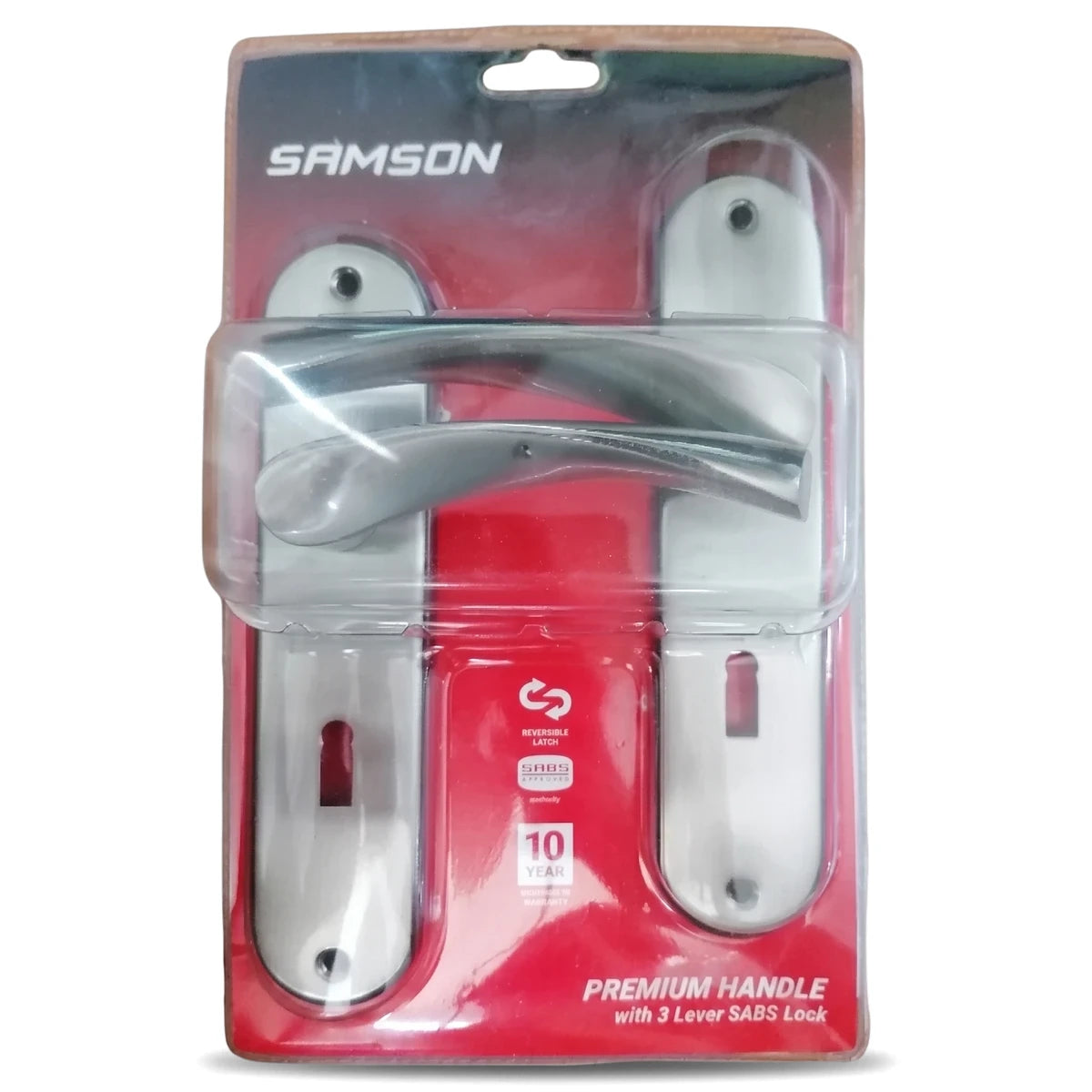 Samson Lset 3L Sabs 8 inch Key Giovanni Sn/Bn Lockset, a brushed nickel door handle and lock in red and clear retail