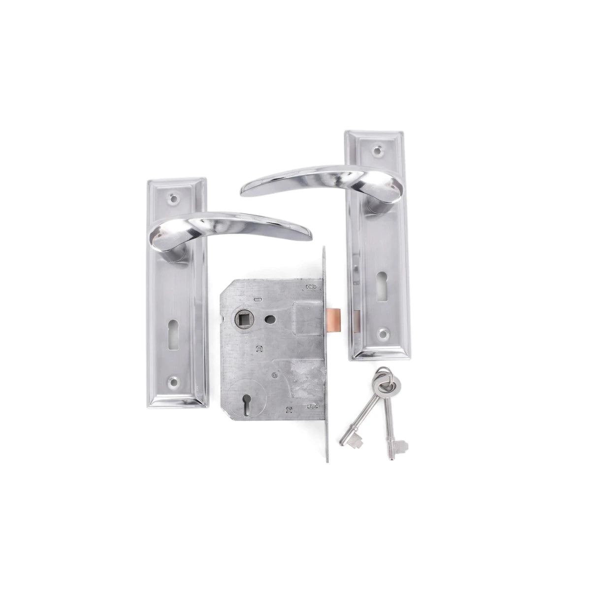 Samson Lset 3L Sabs Handle Mv001 Lockset in silver chrome finish, displayed with two door handles, lock mechanism, and keys.