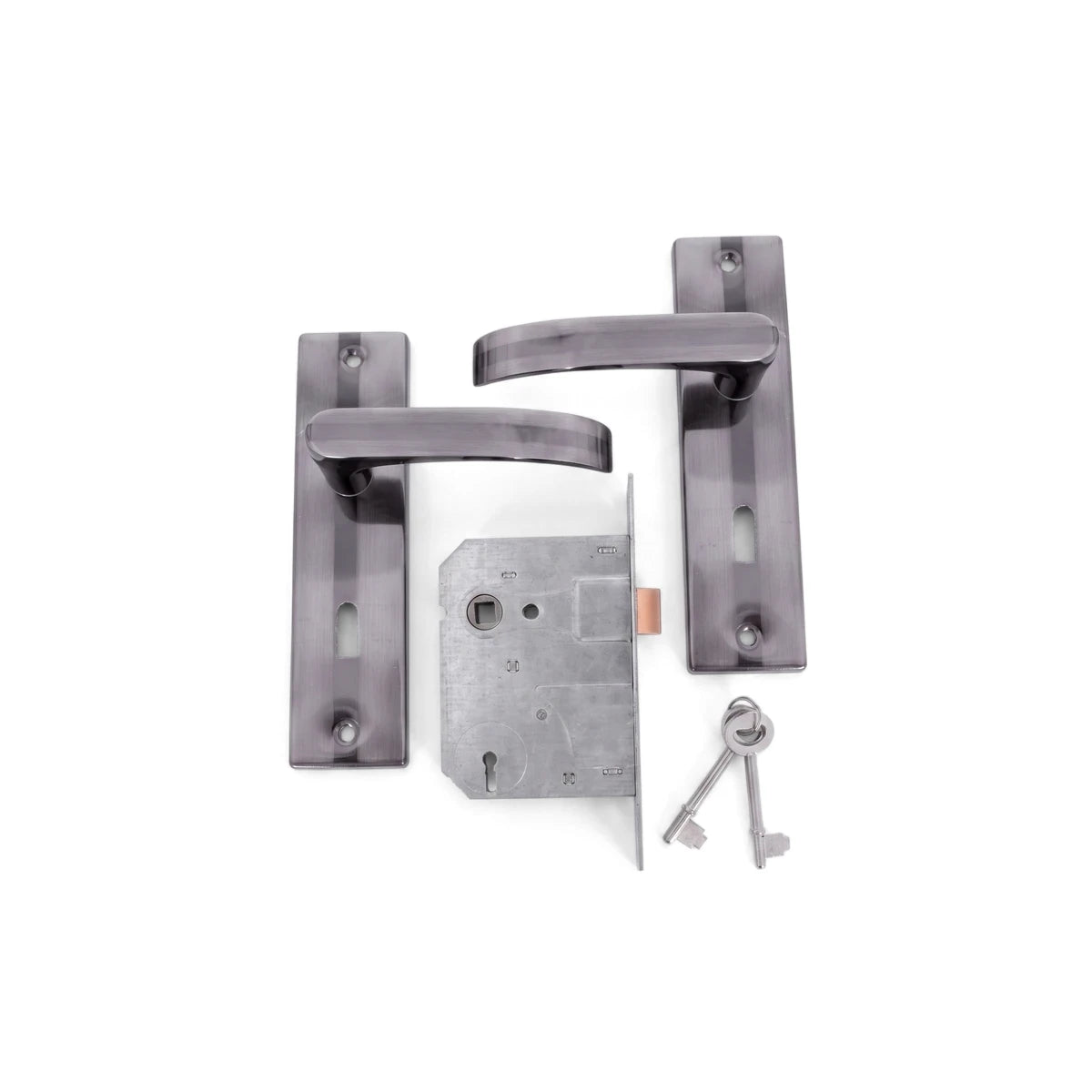 A Samson Lset 3L Sabs Handle Mv004 Lockset featuring two brushed metal door handles, a lock mechanism, and two keys on a