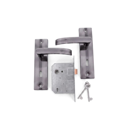 A Samson Lset 3L Sabs Handle Mv004 Lockset featuring two brushed metal door handles, a lock mechanism, and two keys on a