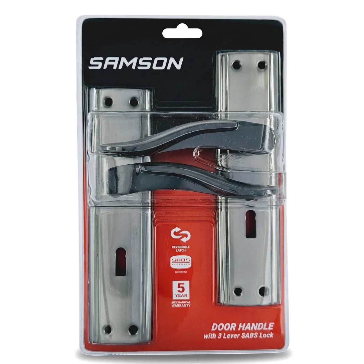 Samson Lset 3L Sabs 8 inch Key Marcello satin nickel and black passage lockset, packaged with door handles and latch