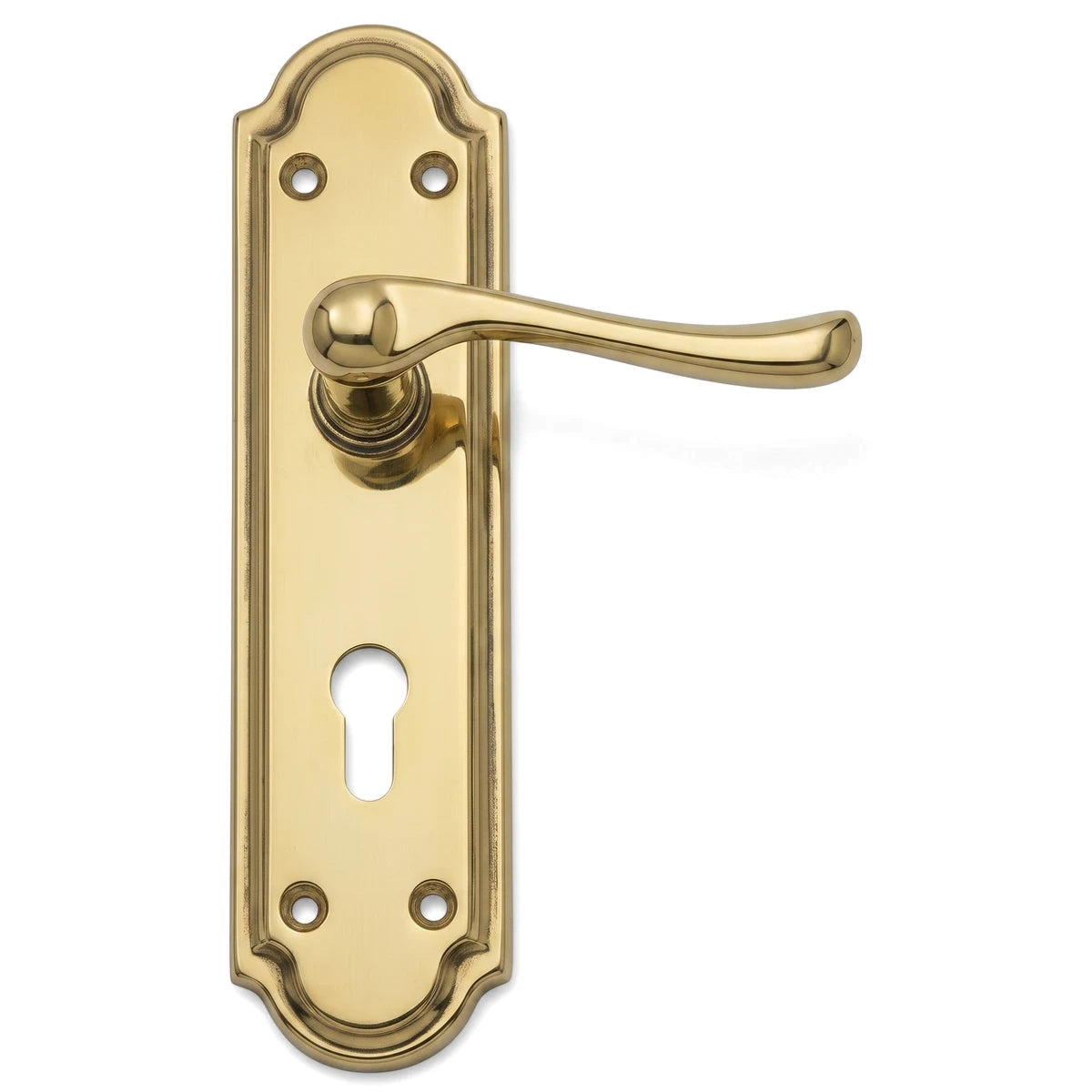 Brass Samson Lset 3L Sabs Ms Georg 8" Bp Lockset featuring an ornate backplate and a curved handle, isolated on a white