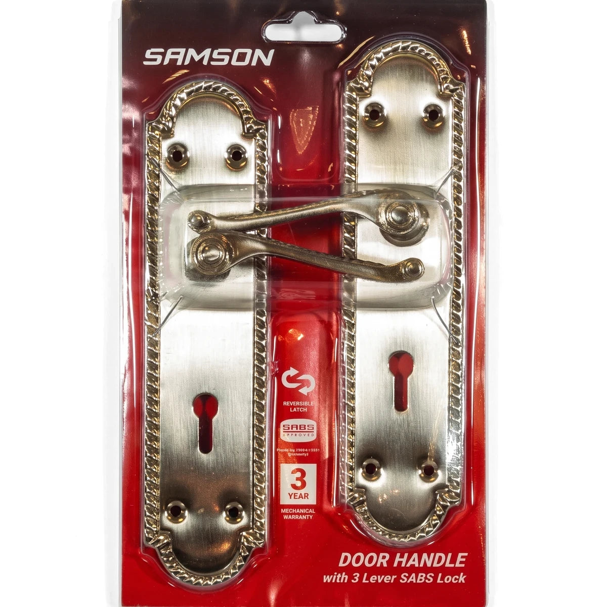 Samson Lset 3L Sabs Ms Georg 8 inch Sn Lockset, a satin finish door handle and 3-lever SABS lockset in clear retail