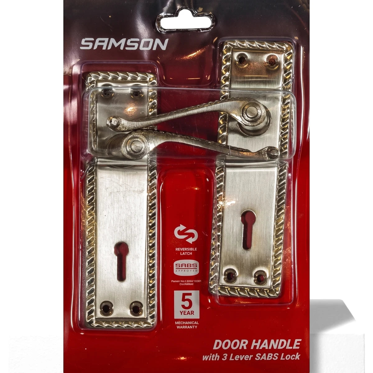 Samson Lset Cyl Ms Georg 6in Sn door handle set in silver-bronze finish with levers and SABS lock, displayed in clear retail