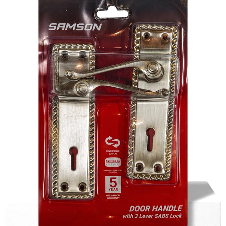 Samson Lset Cyl Ms Georg 6in Sn door handle set in silver-bronze finish with levers and SABS lock, displayed in clear retail