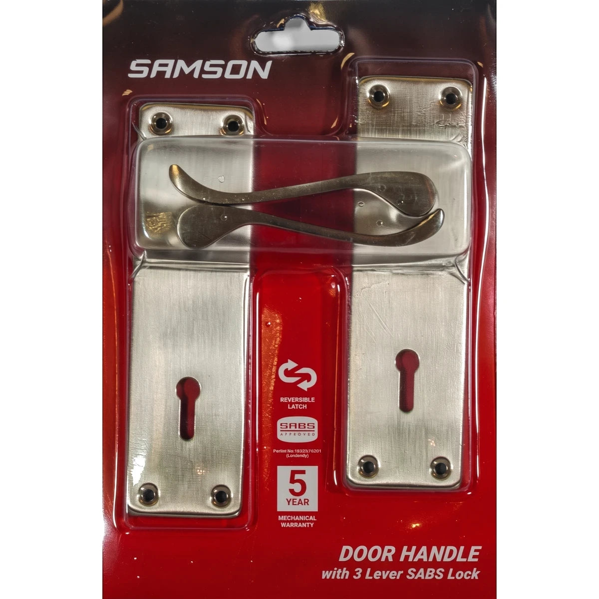 Samson Lset Cyl Ms Vic Scr 6 inch Sn Lockset with brass finish handles and two keyhole plates, displayed in clear retail