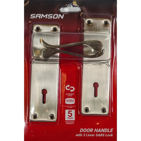 Samson Lset Cyl Ms Vic Scr 6 inch Sn Lockset with brass finish handles and two keyhole plates, displayed in clear retail