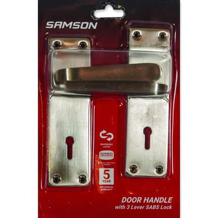 Samson Lset Cyl Ms Vic Str 6 Sn Lockset, a packaged brushed metal door handle with a 3 lever SABS lock on red branding.