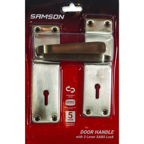 Samson Lset Cyl Ms Vic Str 6 Sn Lockset, a packaged brushed metal door handle with a 3 lever SABS lock on red branding.