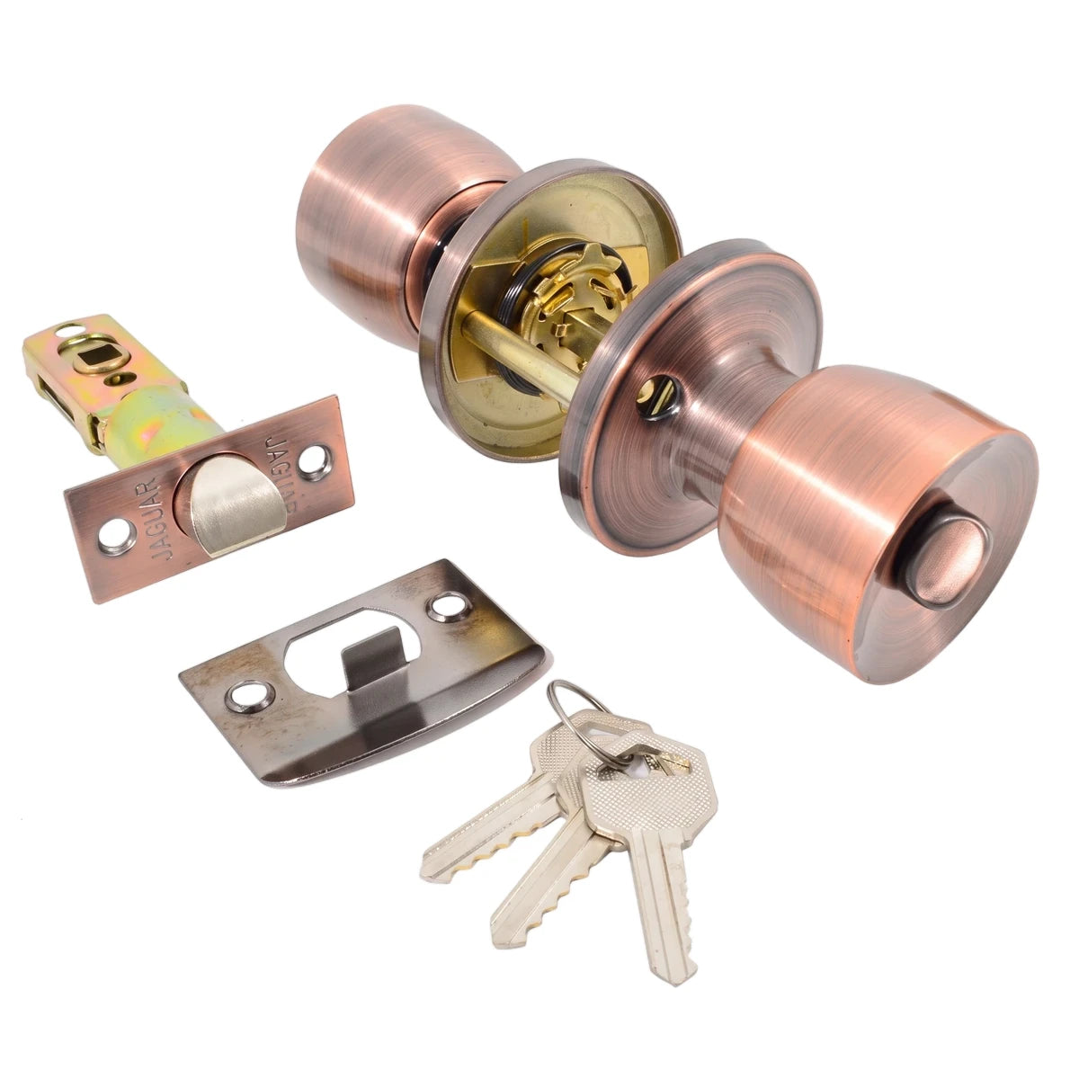 Distressed copper Samson Lset Entrance Tulip Knob AC Lockset. View shows disassembled knob, latch, strike plate, and three
