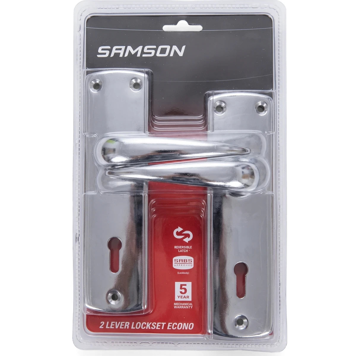 Samson Lset Key 2L Sabs 6 inch Econo chrome 2 lever lockset in clear blister retail packaging.