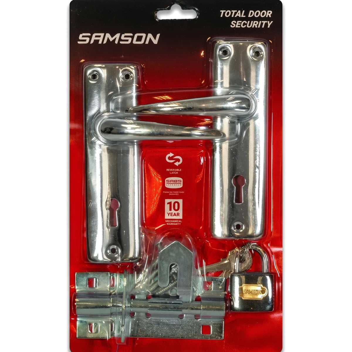 Samson Lset Key 2L Sabs 6 inch combo lockset with chrome door handles, padlock, and bolt lock in blister packaging.