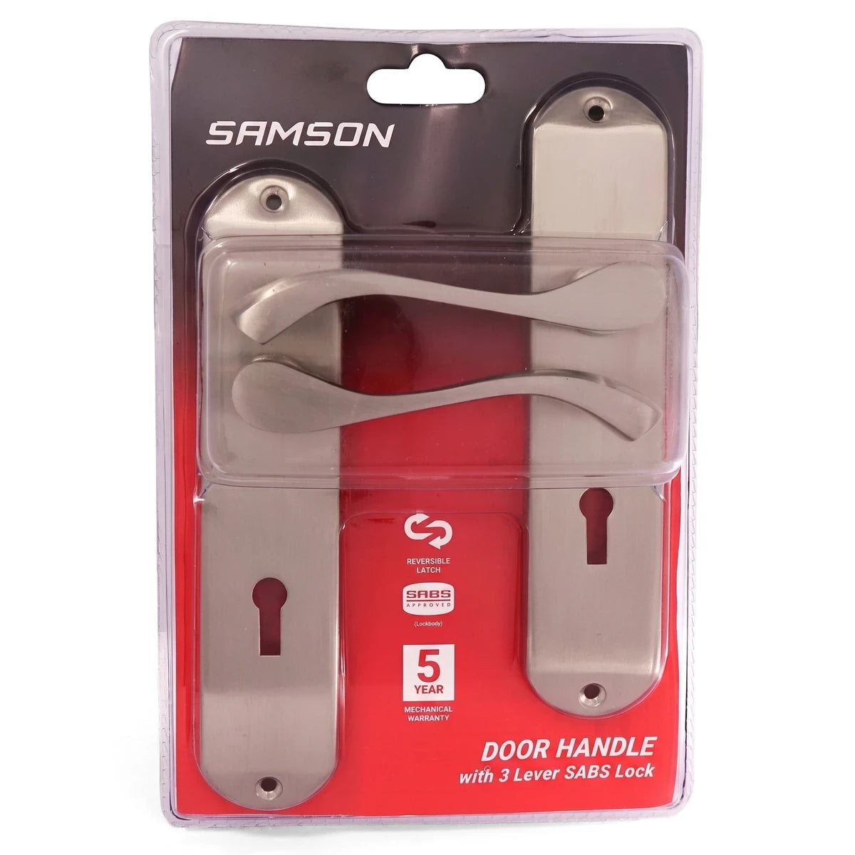 Samson Lset Key 3L Bari 6 inch Sn/Bp lockset with brushed silver door handles and plates, packaged in a clear and red