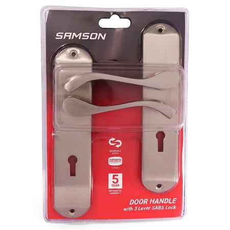 Samson Lset Key 3L Bari 6 inch Sn/Bp lockset with brushed silver door handles and plates, packaged in a clear and red