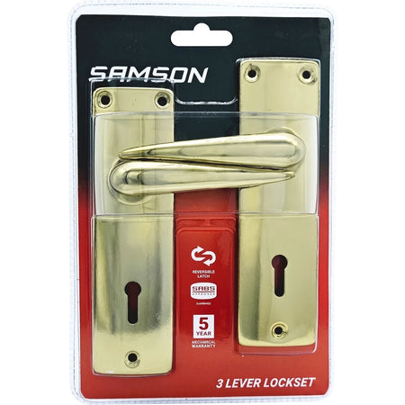 Samson Lset Key 3L Sabs 6" Marco gold 3-lever lockset, packaged with branding, warranty, and reversible latch details.