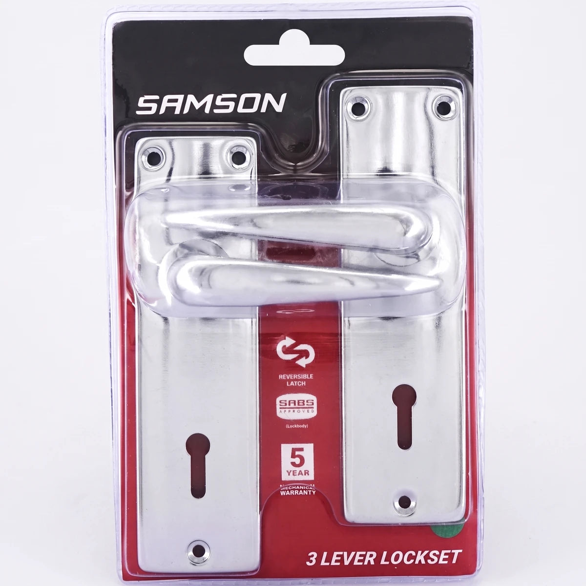 Samson Lset Key 3L Sabs 6 inch Chrome Plated Econo Lockset package, featuring two chrome door handles and keyhole plates, on