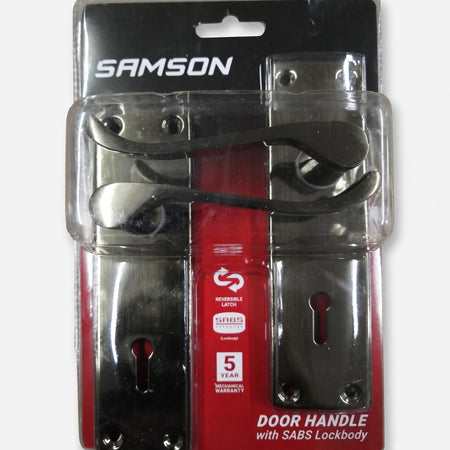 Samson Lset Key 3L Sabs 6 inch Vic Scr Antique Bp Lockset in dark metallic finish, shown in original retail packaging.