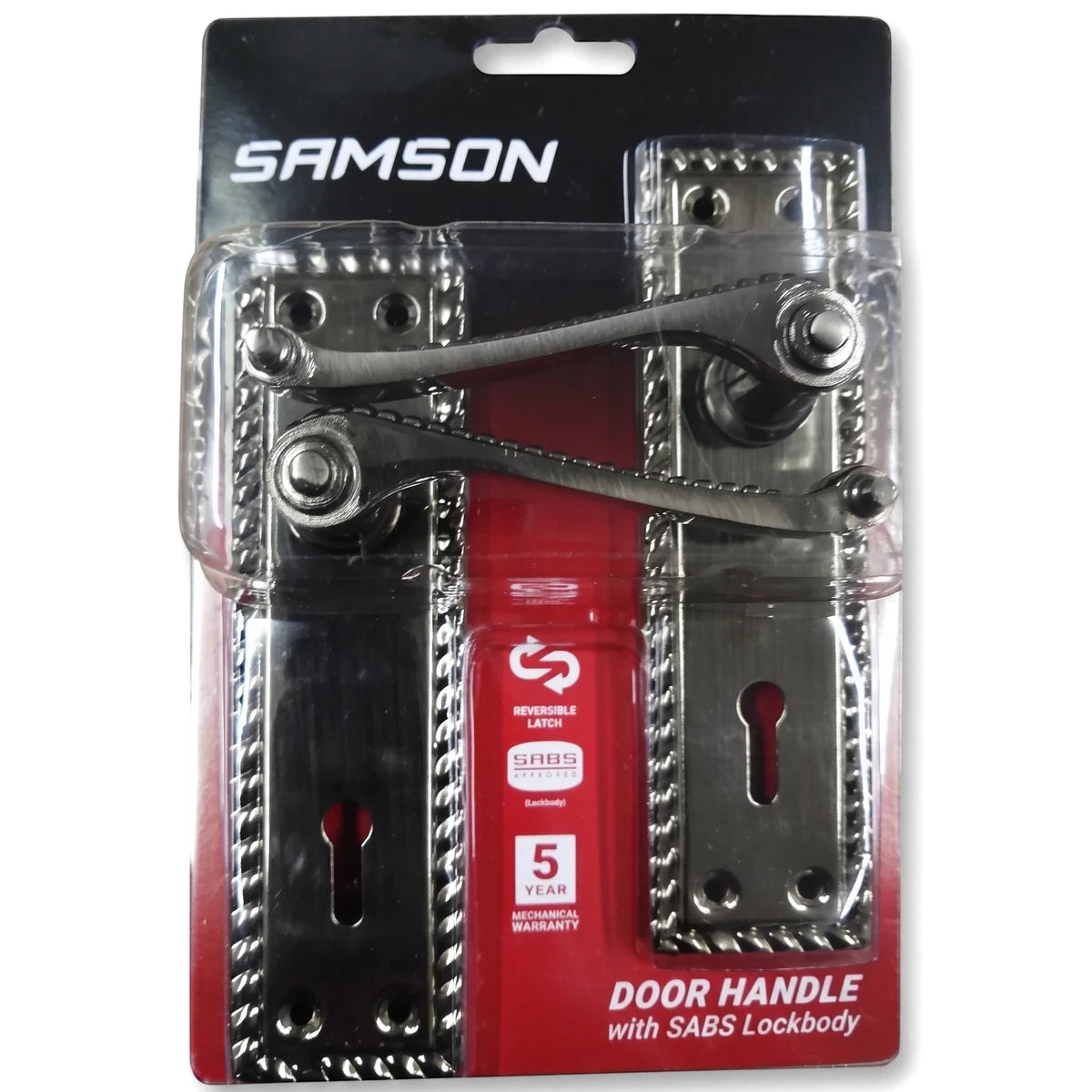 Samson Lset Key 3L Sabs 6-inch Geo Antique Bronze Plate Lockset in retail packaging, displaying door handles and keyholes.