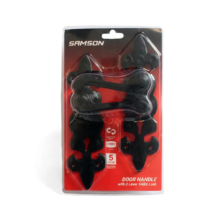 Samson Lset Key 3L Sabs 6 inch H/Lever Fleur Blk Lockset, a black metal door handle set in its retail packaging.
