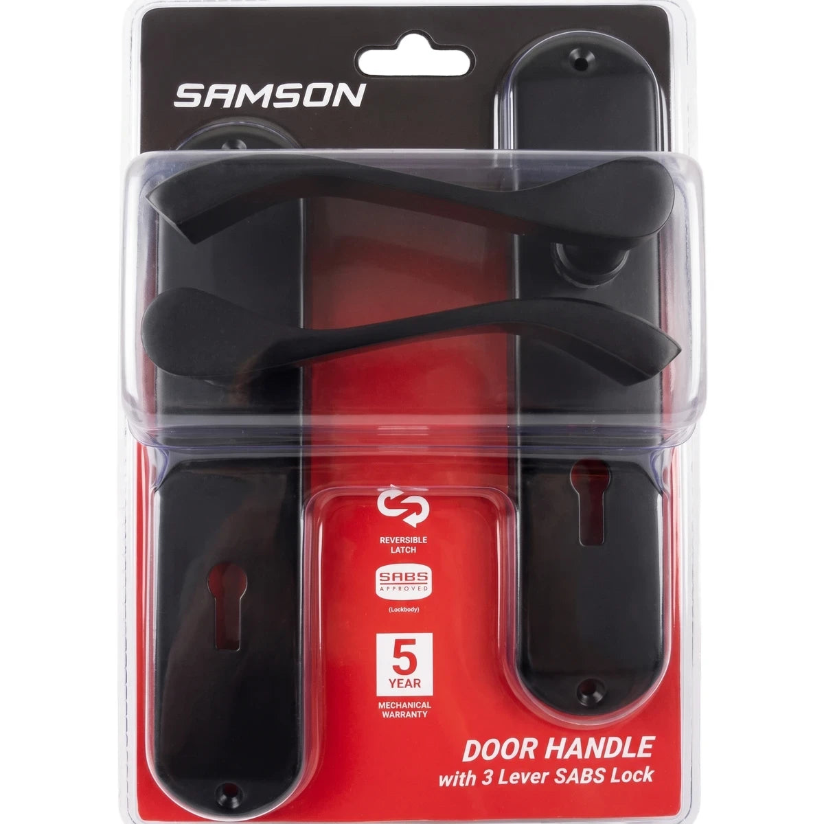 Samson Lset Key 3L Sabs Bari Matt Black Lockset with door handles and key plates in clear packaging.