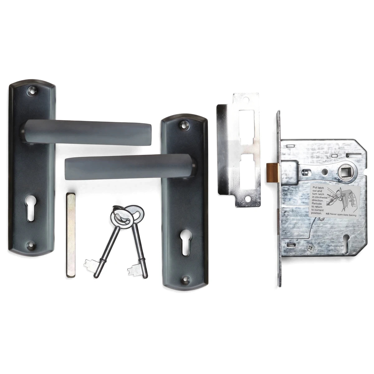 Samson Lset Key 3L Sabs Castello Matt Black Lockset with two matte black door handles, keys, and the internal locking