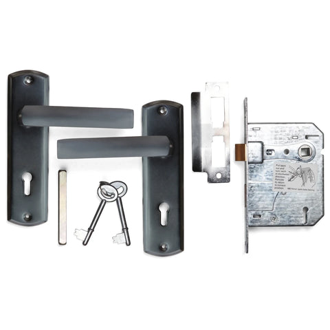 Samson Lset Key 3L Sabs Castello Matt Black Lockset with two matte black door handles, keys, and the internal locking